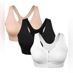 3-Pack Zip Front Sports Bras - White, Black, Nude Wireless Gym Activewear EUC